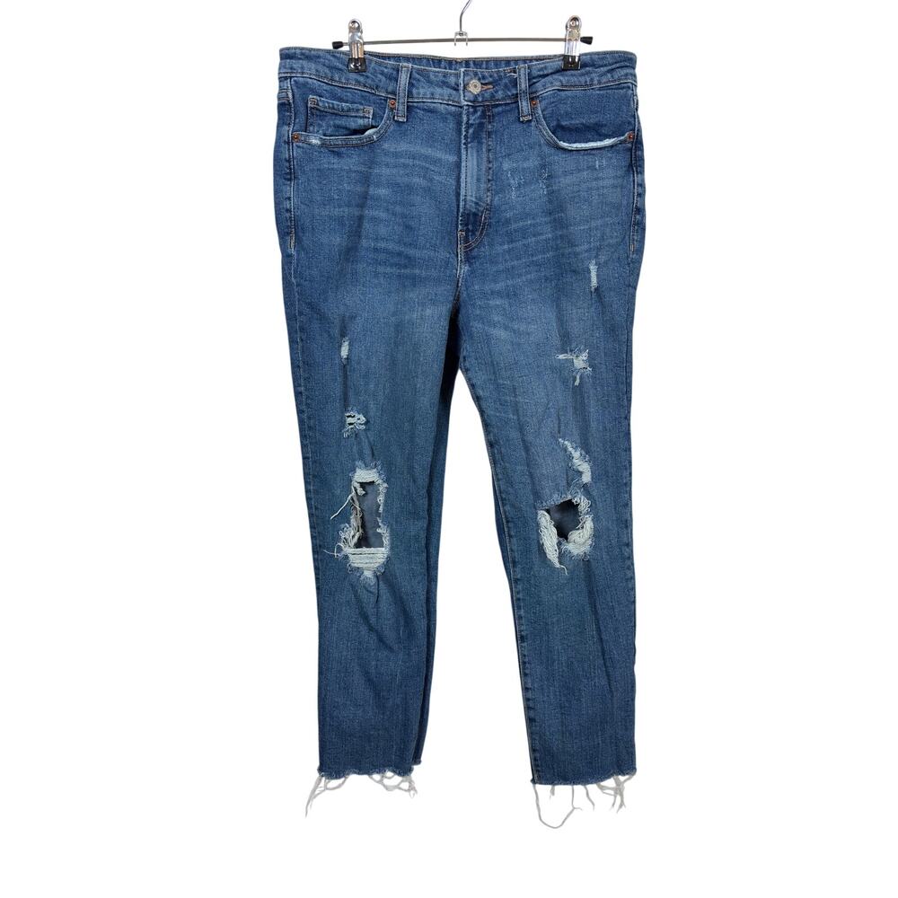 Old Navy O.G. Straight Jeans Womens 12 Blue High Rise Distressed Raw Hem Stretch